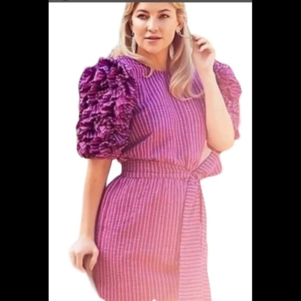 Purple Striped Dress with Puff Sleeves